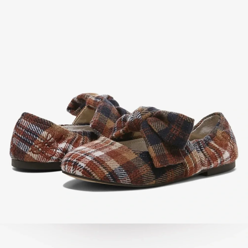 Sam Edelman Felicity Little Kid 3 Rust Plaid Multicolored Ballet Flats & Bow NWT
